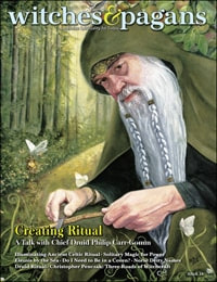 An illustration of a white bearded man in a green cloak in green woods.